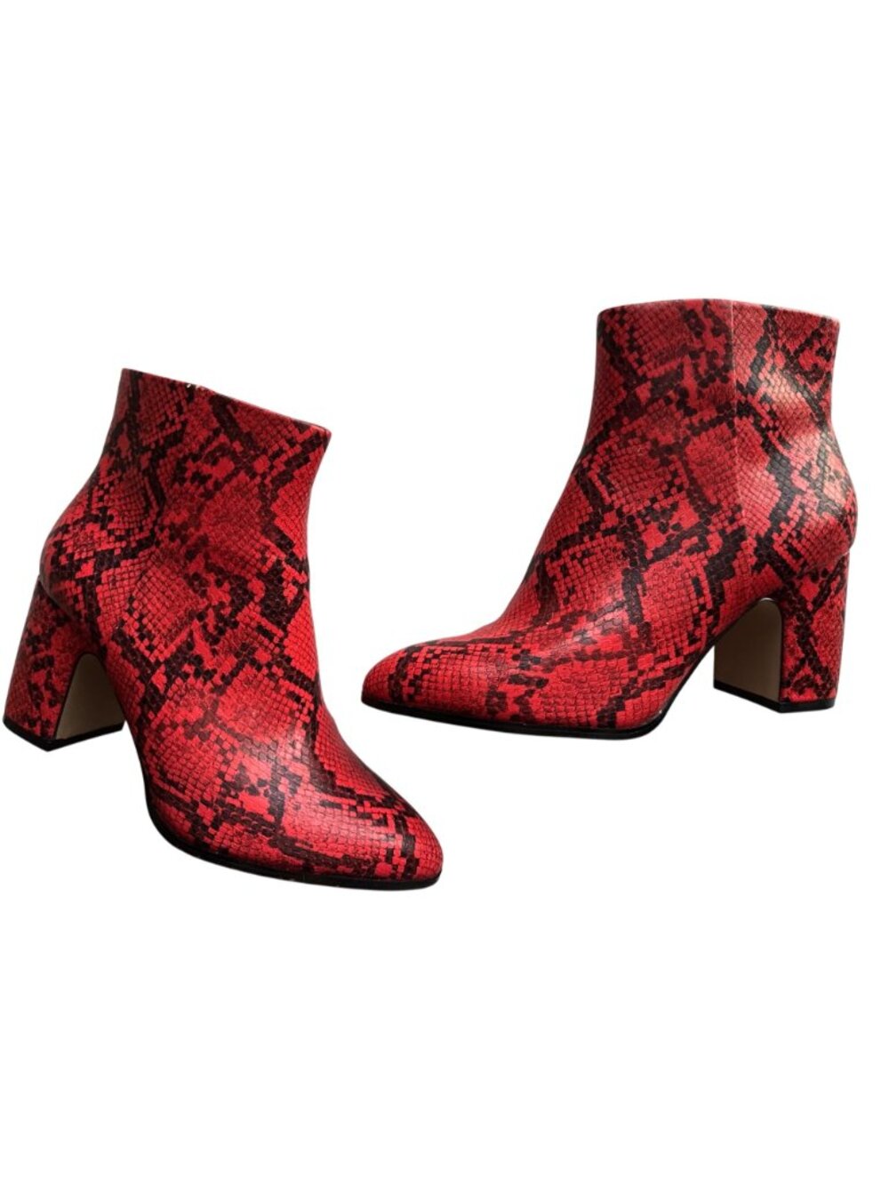 BCBGENERATION Red Ankle Boots Black Snake Print Block Heel Side Zipper Size 7.5